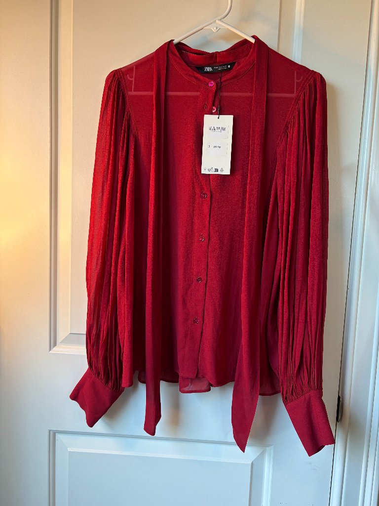 Zara Bnwt Burgundy Tie Neck Sheer Pleated Blouse Size S